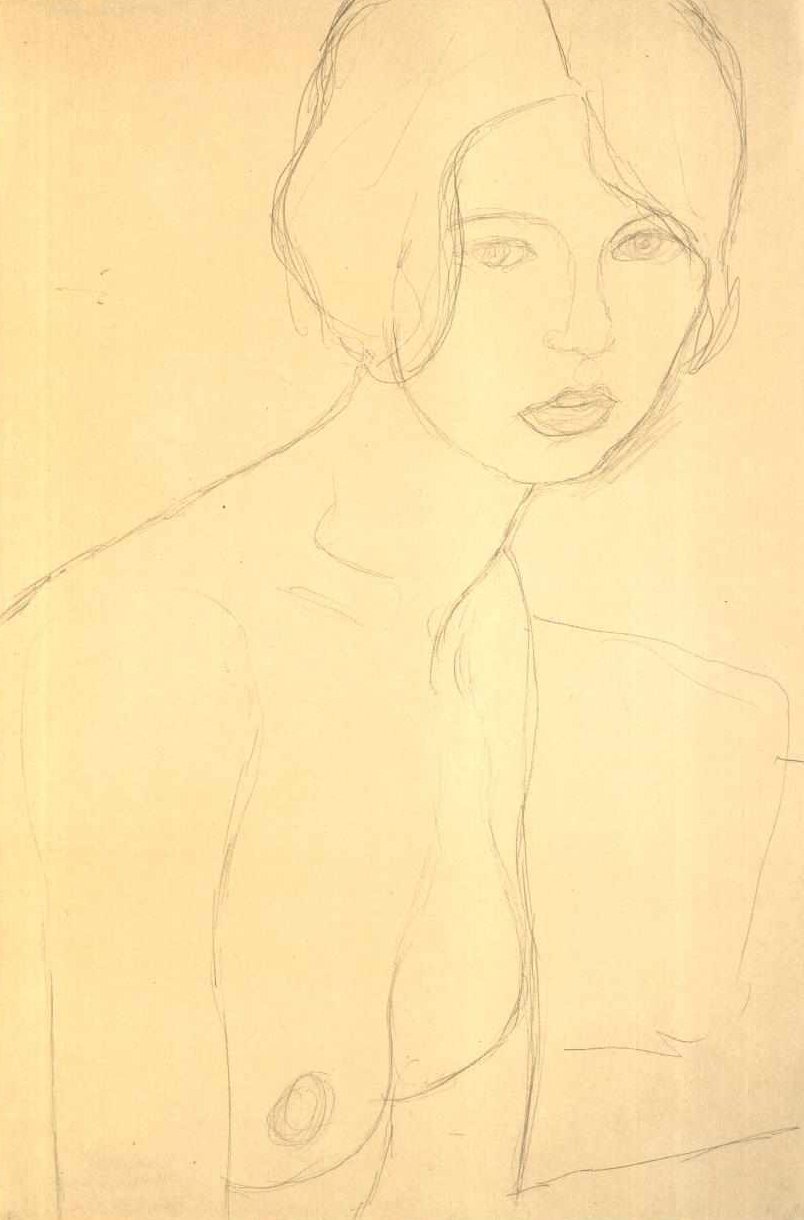 一个裸体女孩的半身画像在右边 作者 古斯塔夫·克里姆特