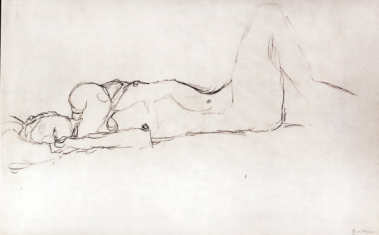 在床上的裸体女人，c.1914 作者 古斯塔夫·克里姆特