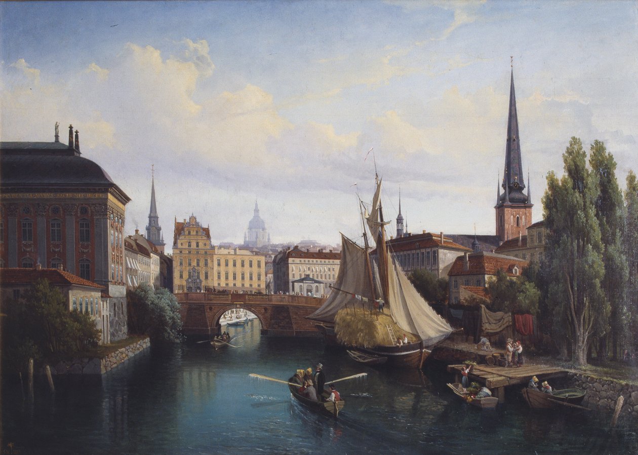 观点的Riddarholmskanalen，斯德哥尔摩在1835年，1880年 作者 古斯塔夫·威廉·帕尔姆