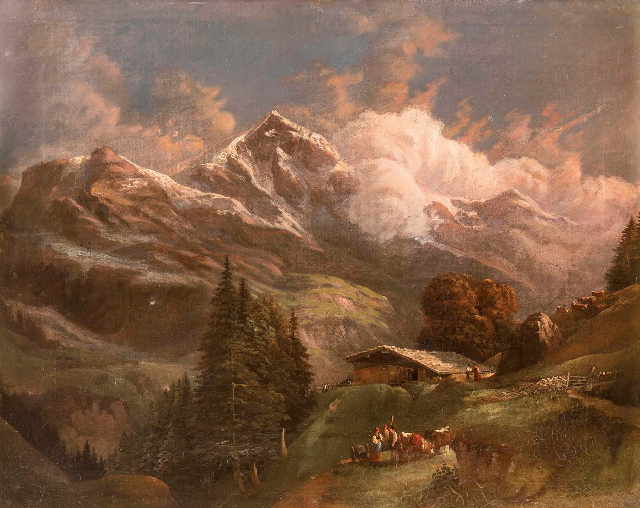 活泼的高山牧场，可以看到阿尔卑斯山的山峰 - Großglockner? 作者 古斯塔夫·巴巴里尼（Gustav Barbarini）