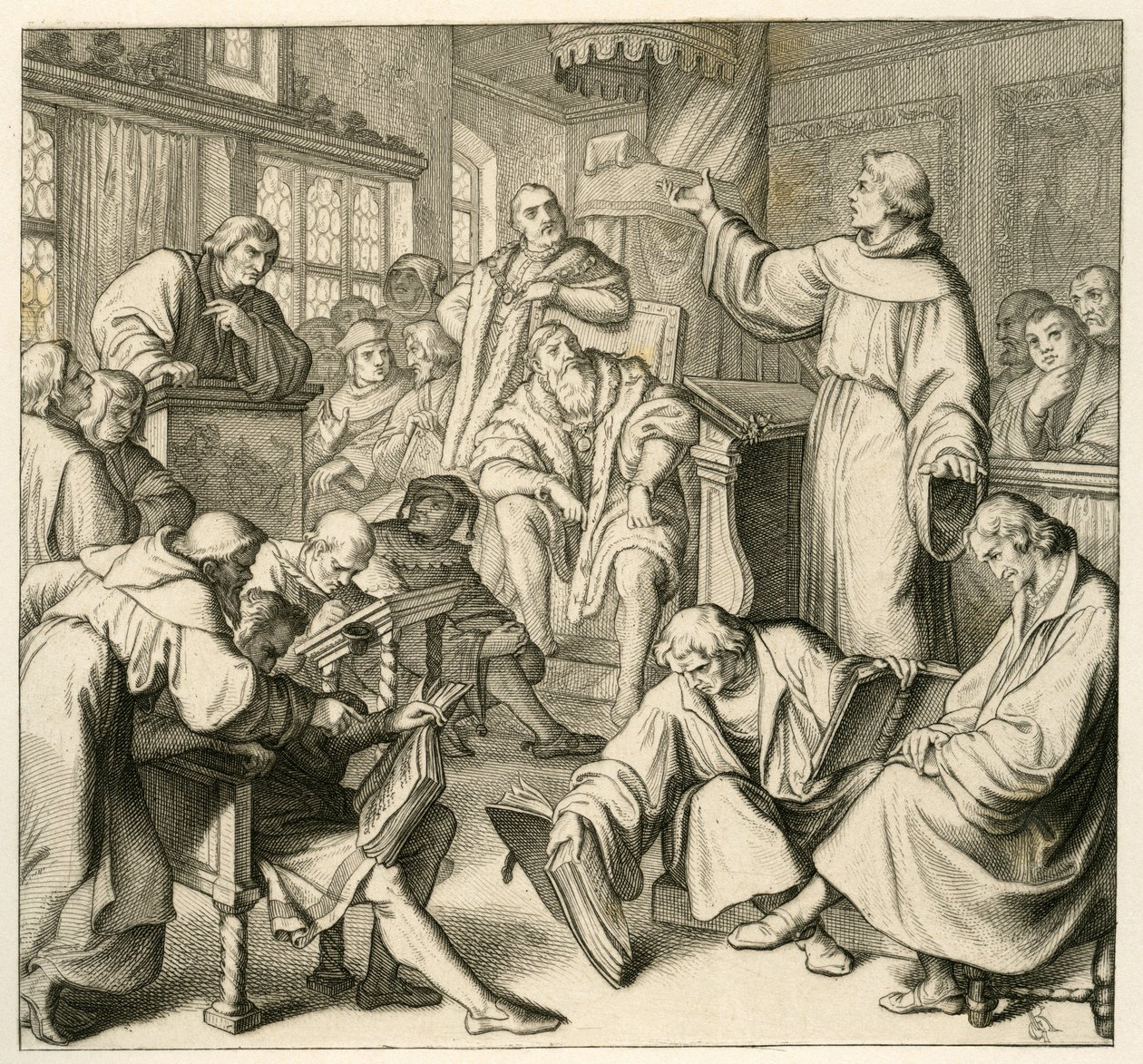 马丁·路德与博士的讨论 约翰内斯·艾克（Johann Maier von Eck）（1486-1543），路德一边有菲利普·梅兰希顿（Philipp Melanchthon，1497-1560）和卡尔施塔特（Andreas Rudolf Bodenstein von Karlstadt） 作者 古斯塔夫·费迪南德·利奥波德·科尼格