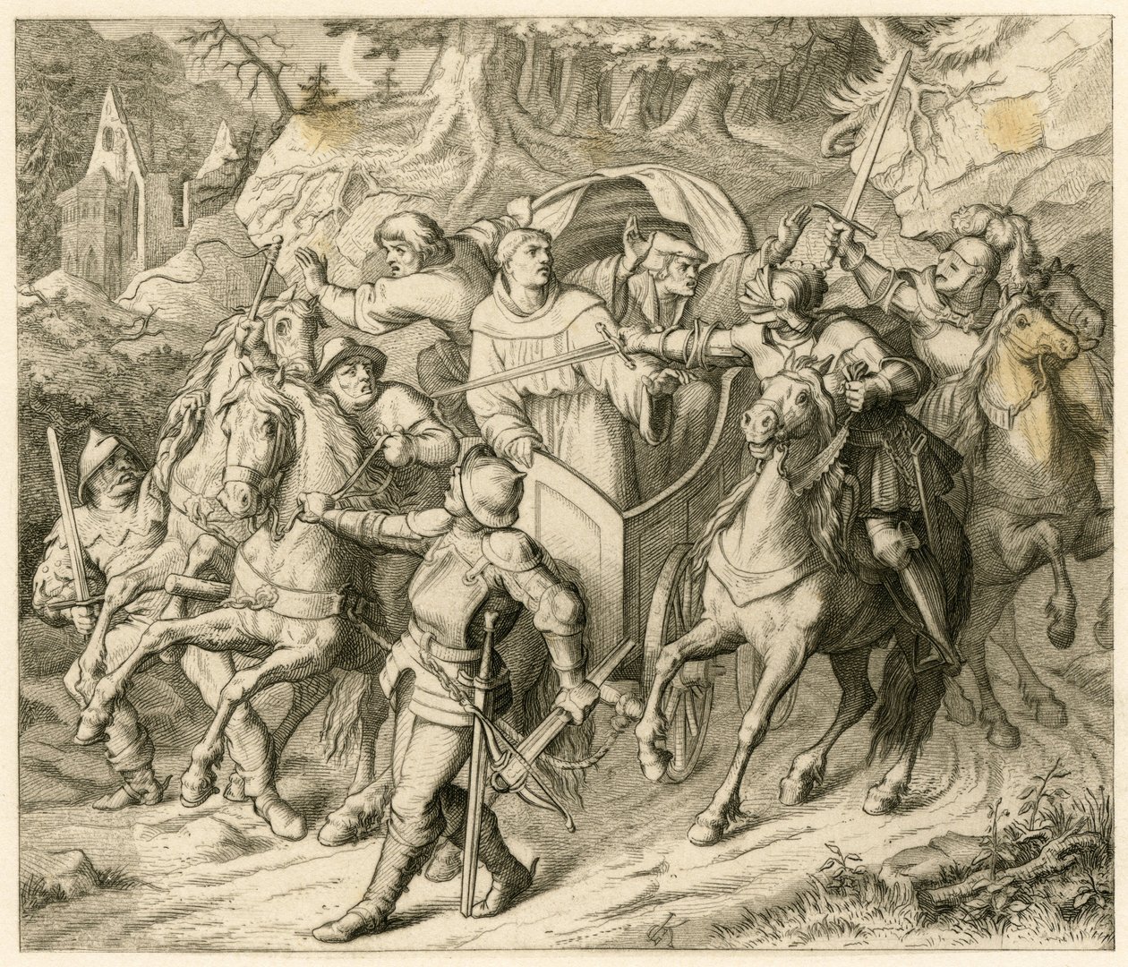 1521 年，马丁·路德在回程途中被豪普特曼·冯·贝尔莱普施 (Hauptmann von Berlepsch) 和布克哈德·洪德 (Burkhard Hund) 绑架，原因是教皇被逐出教会，皇帝被判非法。 作者 古斯塔夫·费迪南德·利奥波德·科尼格