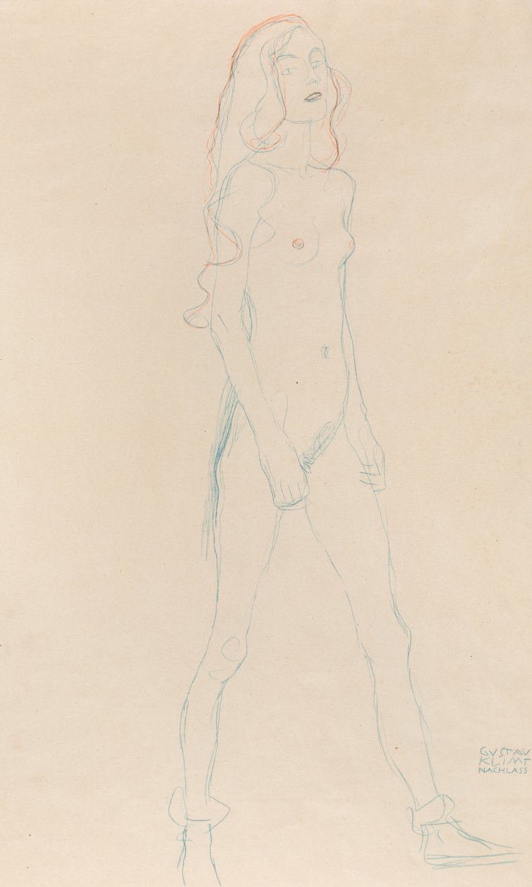 一个裸体的年轻女孩，约1917年。 作者 古斯塔夫·克里姆特