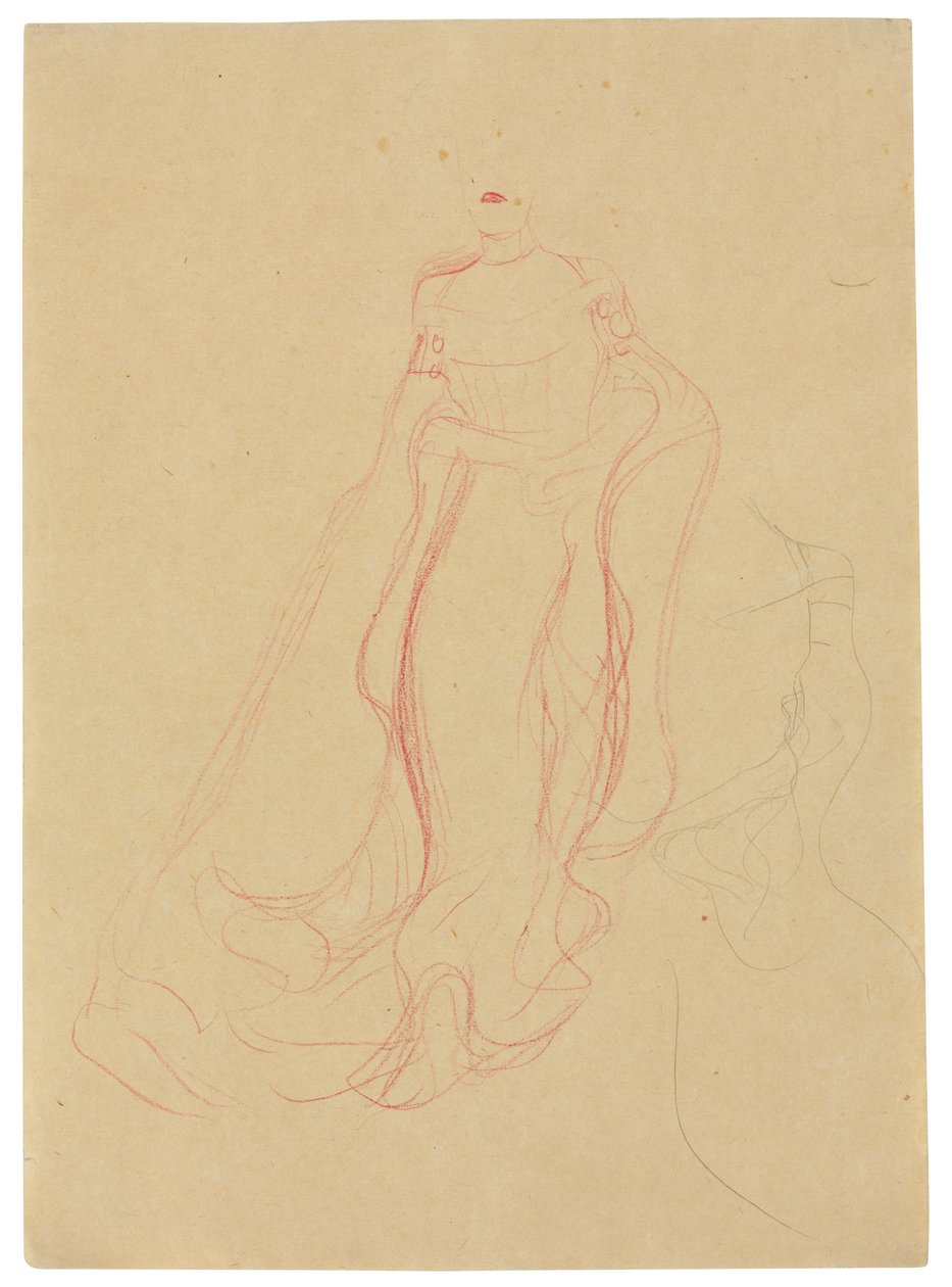 双手合十的服装研究，右侧的重复，约 1903-04 年（水粉纸上的彩色蜡笔和铅笔） 作者 古斯塔夫·克里姆特