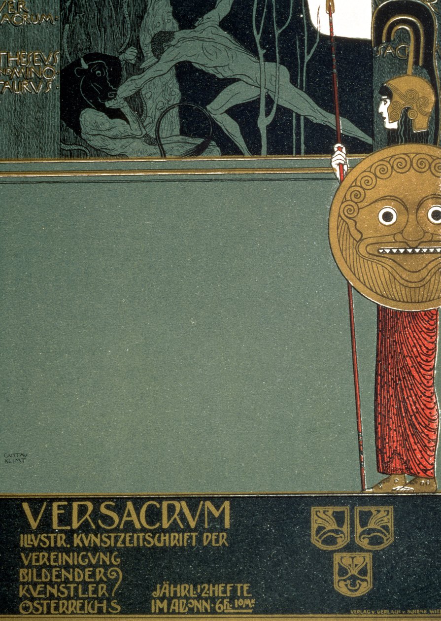 1898年维也纳第一次分裂国家展（印刷版）时，维也纳分离派杂志“Ver Sacrum”的封面，描绘了忒修斯和牛头怪 作者 古斯塔夫·克里姆特