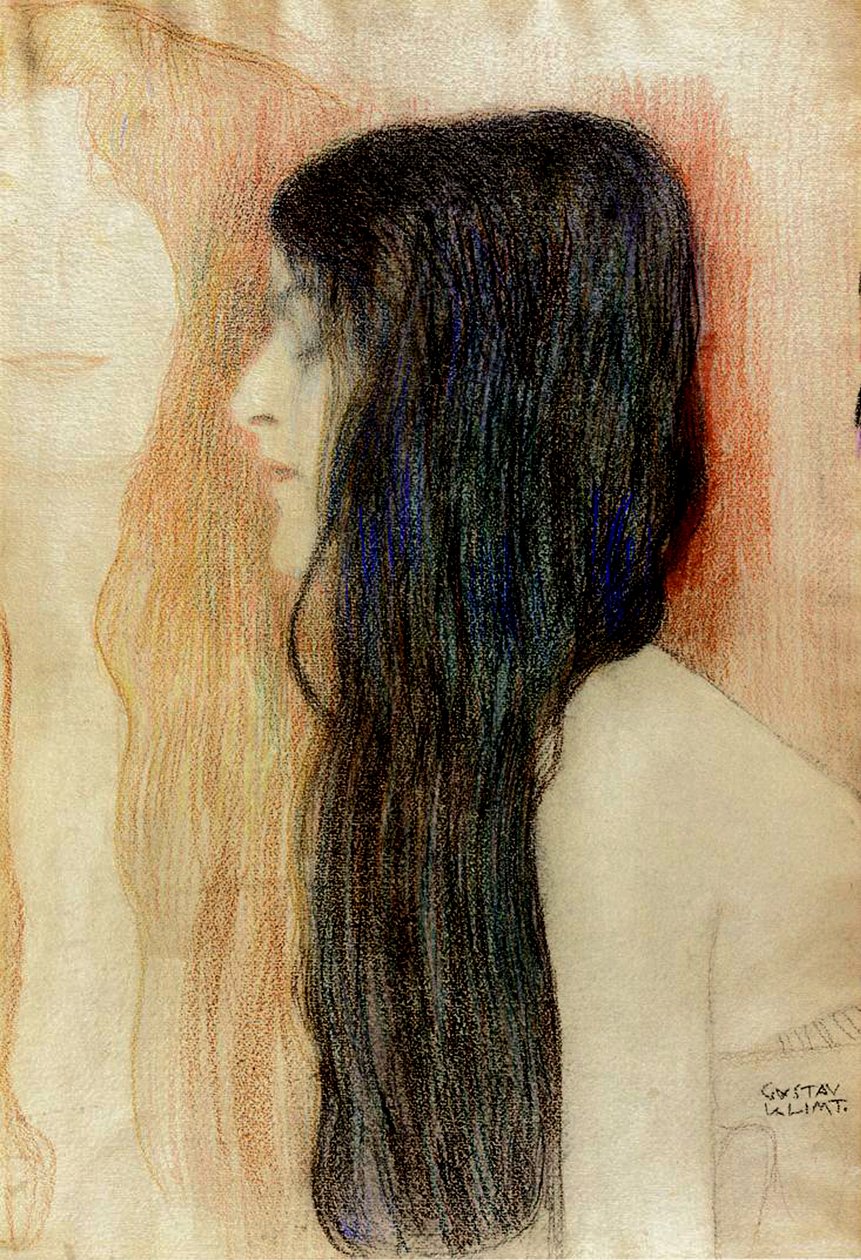 长头发的女孩，1898-99（纸上粉彩） 作者 古斯塔夫·克里姆特
