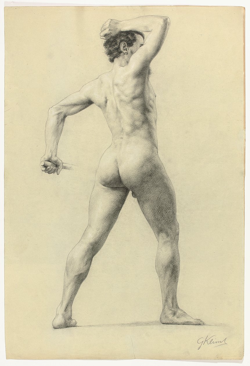 男性裸体背影，约 1880 年（纸上用白色粉笔加高铅笔） 作者 古斯塔夫·克里姆特