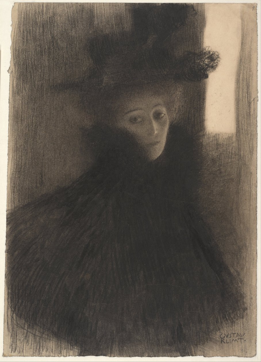 带着海角和帽子的女士肖像，1897-1898年 作者 古斯塔夫·克里姆特