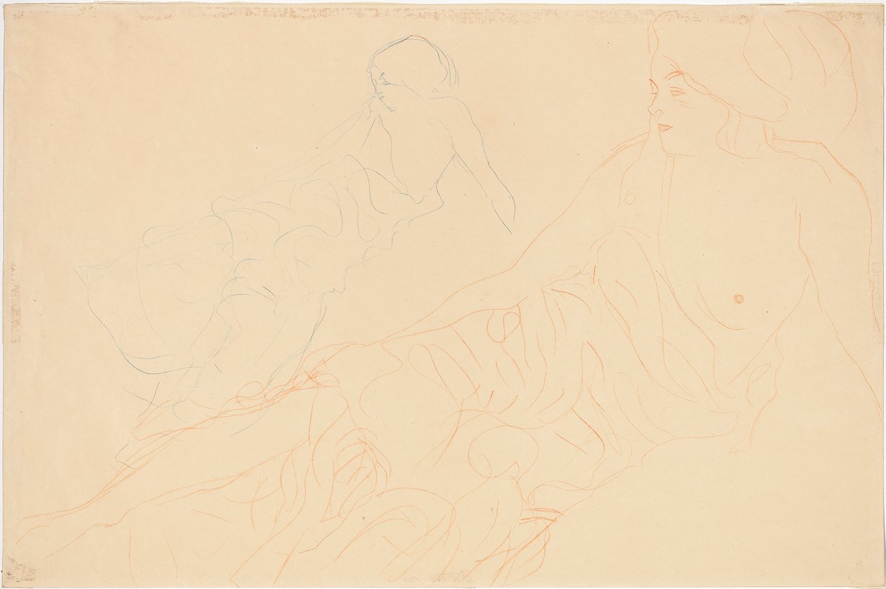 斜倚裸体；打扮，左边重复，1913年 作者 古斯塔夫·克里姆特