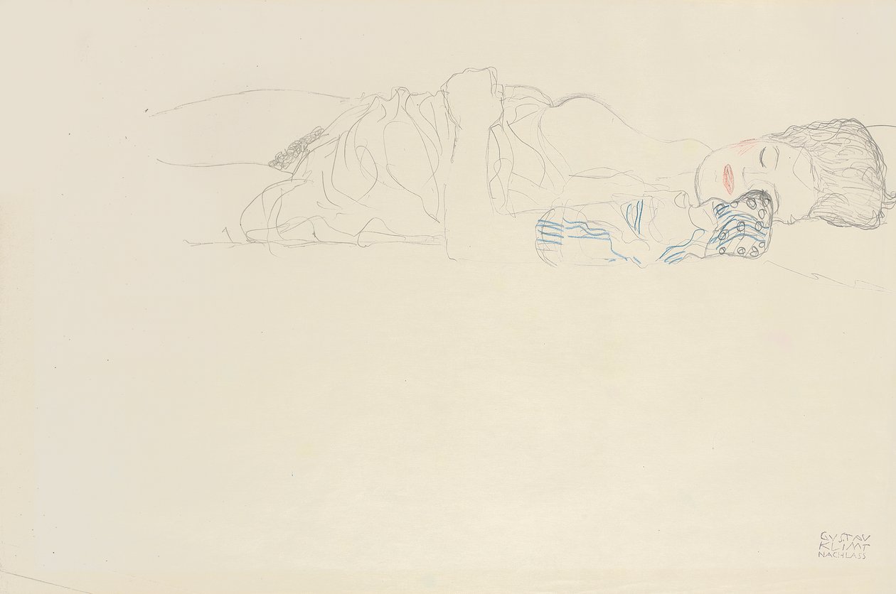 斜倚在右边的半裸像，约于1914-15年 作者 古斯塔夫·克里姆特