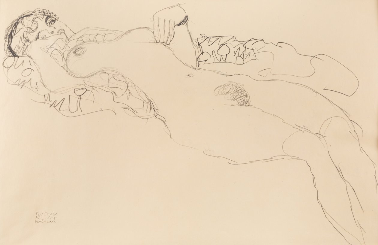 躺着的女性裸体，朝左，1917年。 作者 古斯塔夫·克里姆特