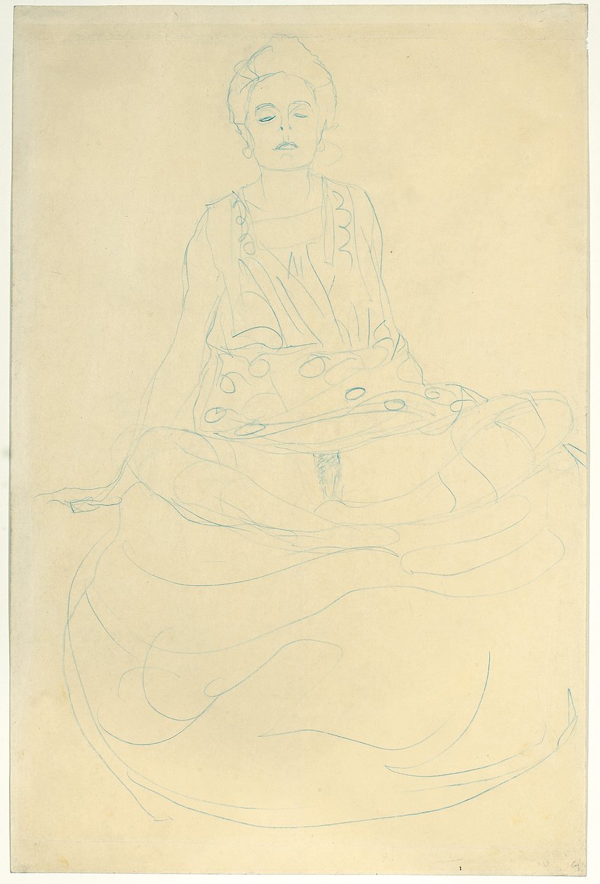 正面坐着半身裸体；从正面坐着半主动，1907年 作者 古斯塔夫·克里姆特
