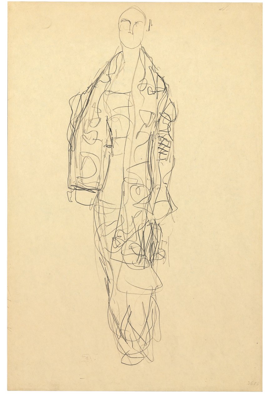 戴斗篷的站立女士，约 1914-16 年（纸上铅笔画） 作者 古斯塔夫·克里姆特