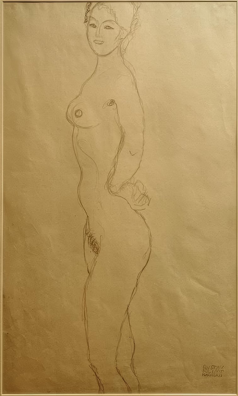 站在女性裸体左边，她的手在... 作者 古斯塔夫·克里姆特