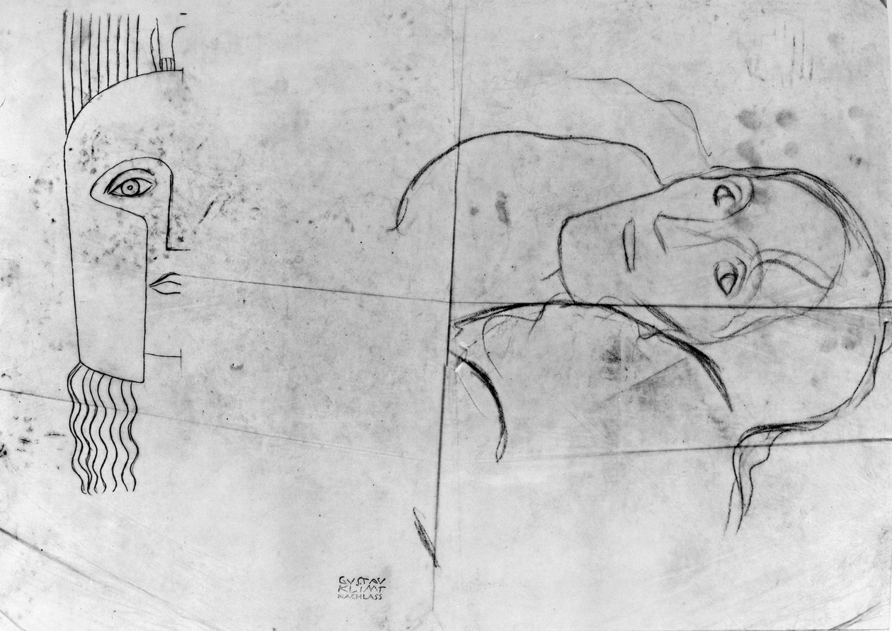 研究Ver Sacrum 1900年 - 帕拉斯雅典娜和悲剧头，1897-98（描图纸上的铅笔和蓝色蜡笔） 作者 古斯塔夫·克里姆特