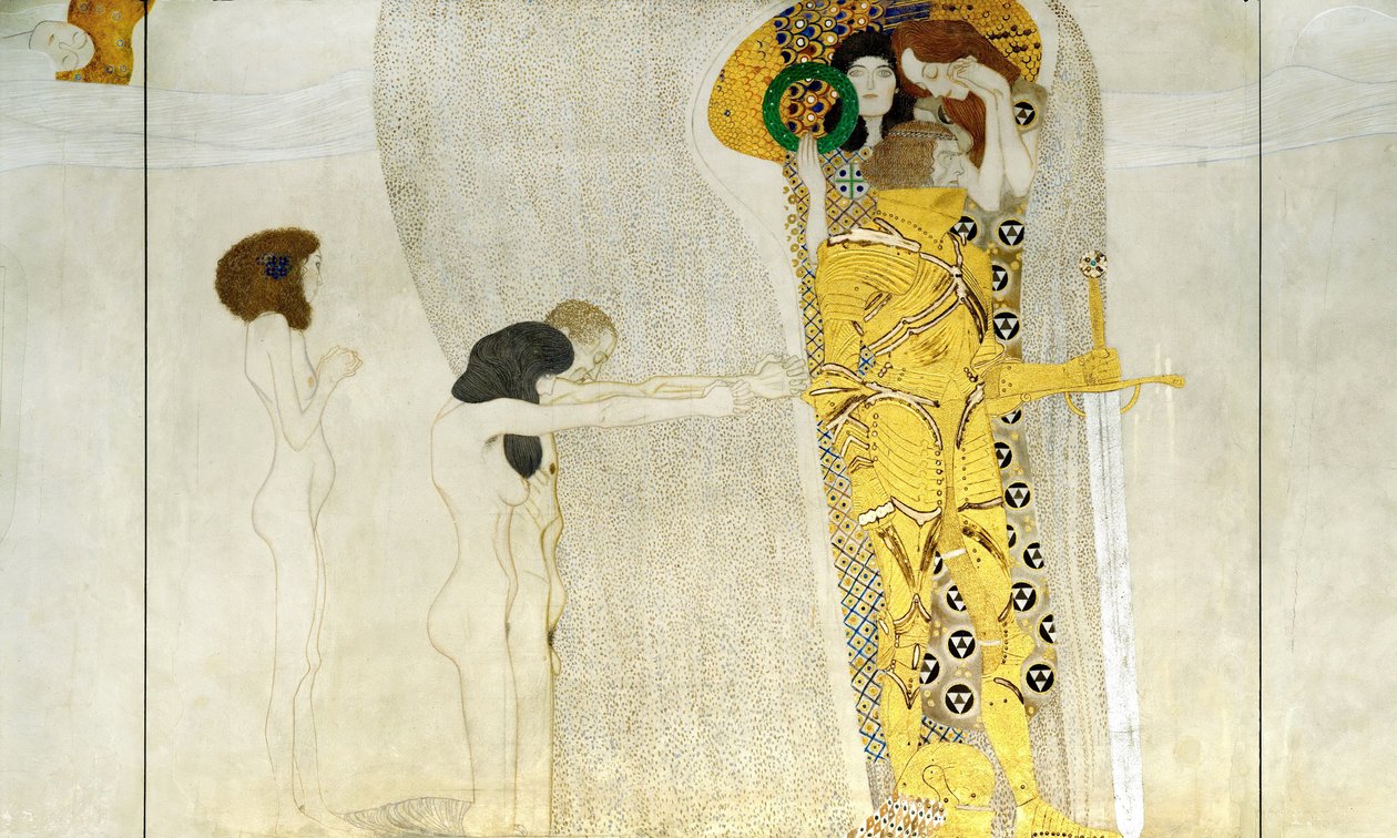 贝多芬的带状装饰，细节：发光盔甲中的骑士，1902年 作者 古斯塔夫·克里姆特