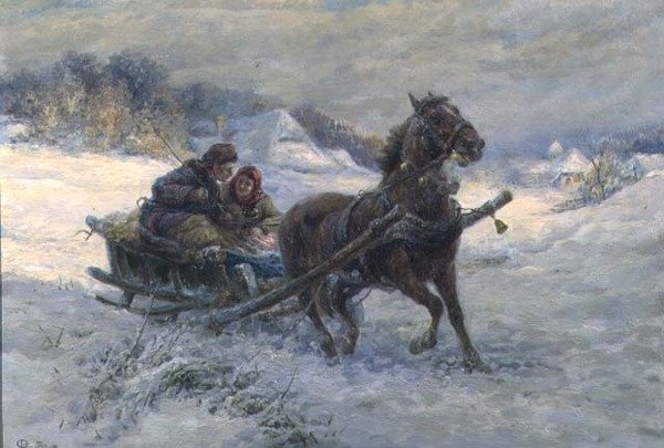 冬天的雪橇之旅（面板油画） 作者 古斯塔夫普鲁查