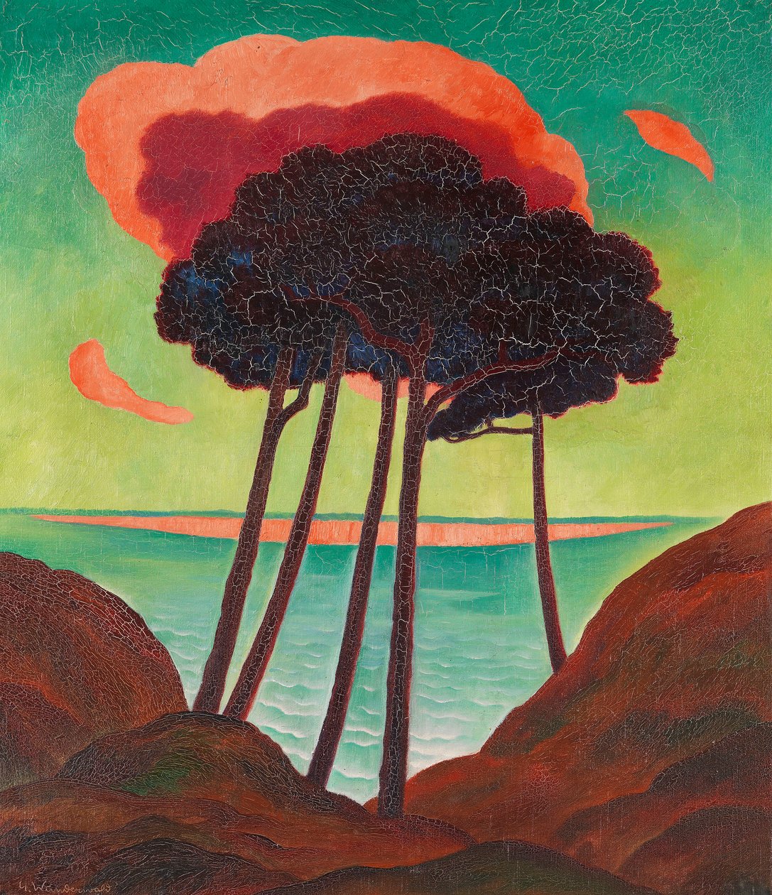 有红云的松树，约1909年。 作者 古斯塔夫·温德瓦尔德