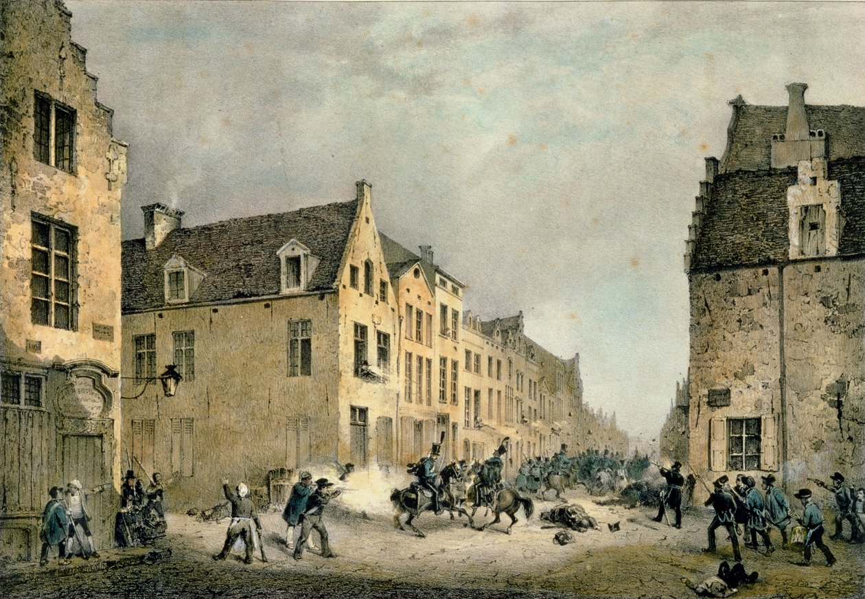 荷兰分部于1830年9月23日在布鲁塞尔Porte de Flandre转移，由Jean Baptiste Madou雕刻（1796-1877） 作者 古斯塔夫·阿道夫·西蒙诺