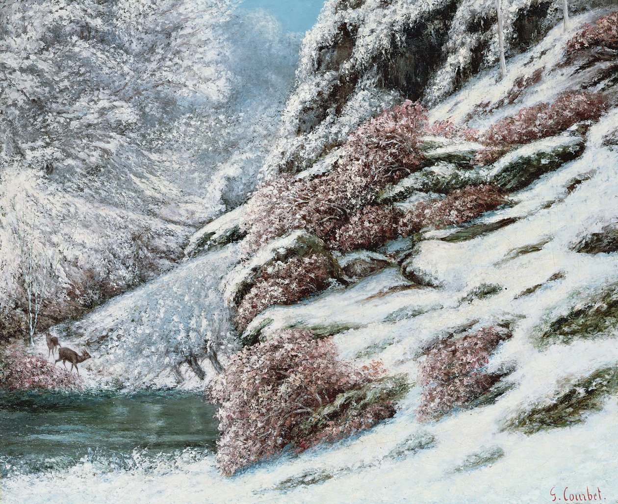 鹿在雪域景观，1867年 作者 古斯塔夫·库尔贝