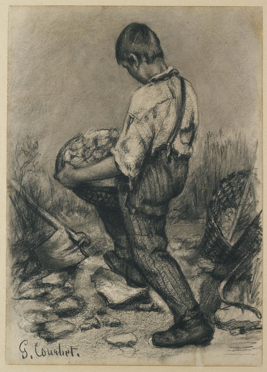 年轻的石头破碎机，c。 1864年至1865年（黑色蜡笔在薄白色编织纸上） 作者 古斯塔夫·库尔贝