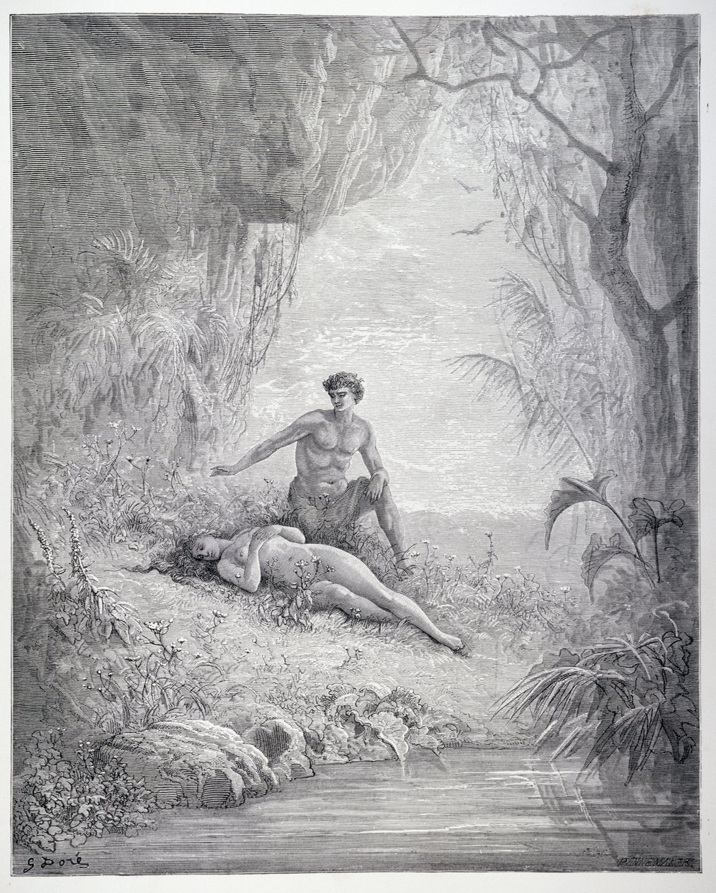 亚当和夏娃，来自John Milton（1608-74）的“失乐园”第五册，由Stephane Pannemaker（1847-1930）刻制，c.1868 作者 古斯塔夫·多尔（Gustave Dore）