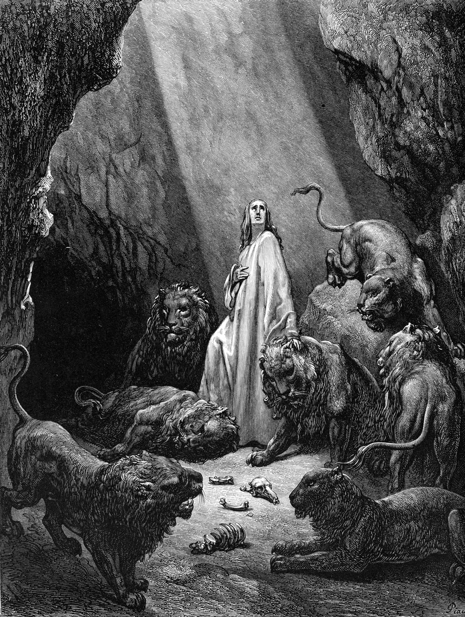 丹尼尔在狮子窝里，由多莉雕刻。 - 圣经 作者 古斯塔夫·多尔（Gustave Dore）