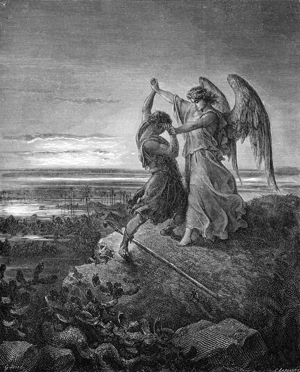 雅各与天使摔跤，多莉雕刻。 - 圣经 作者 古斯塔夫·多尔（Gustave Dore）