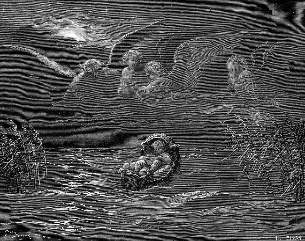 摩西在尼罗河上，由多雷雕刻。 - 圣经 作者 古斯塔夫·多尔（Gustave Dore）