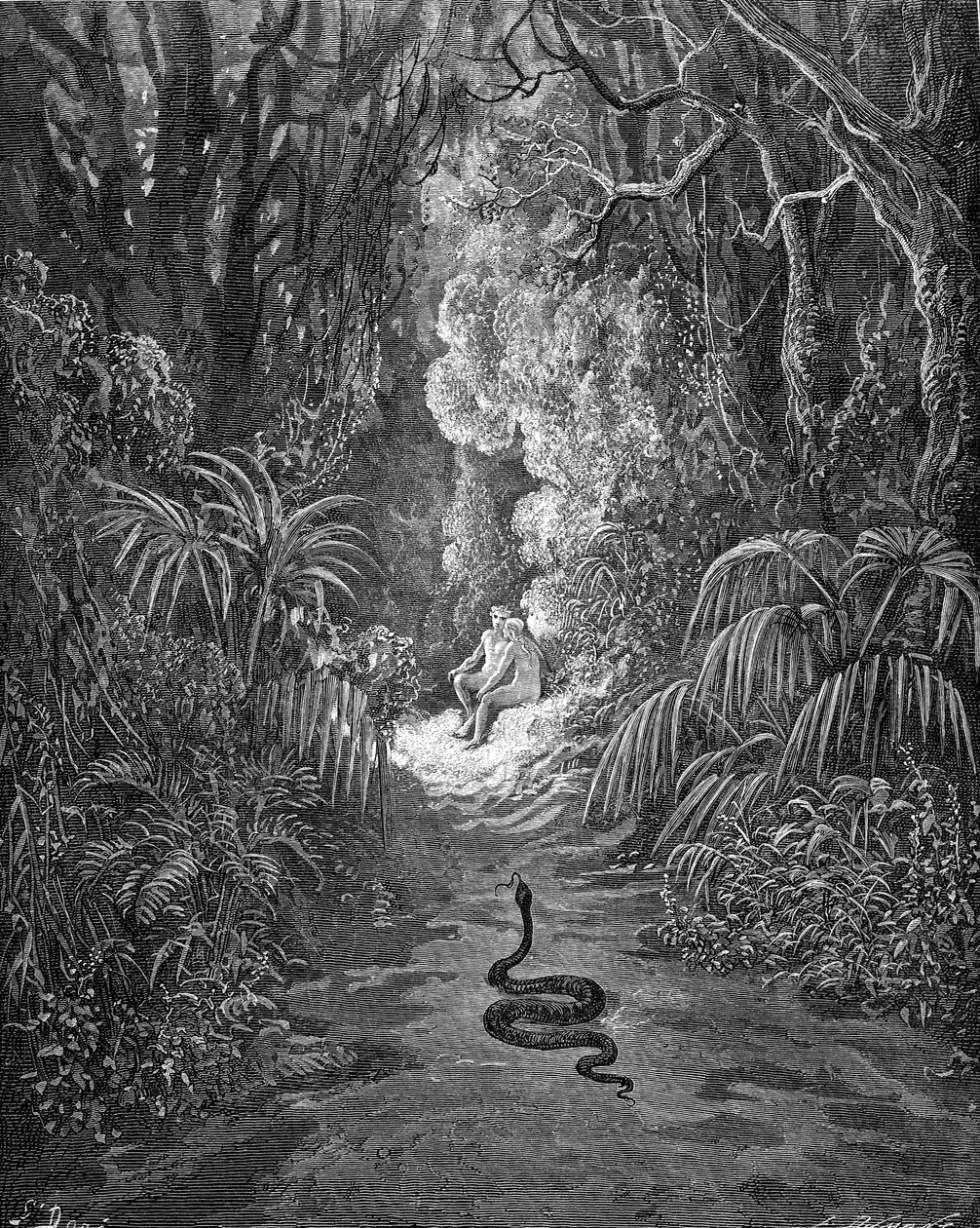 迷失的天堂，弥尔顿：蛇接近。 作者 古斯塔夫·多尔（Gustave Dore）