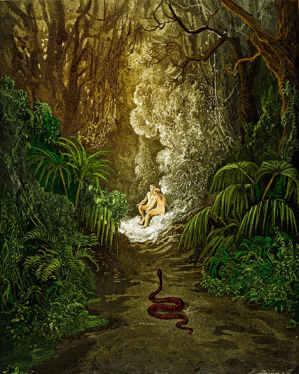 迷失的天堂，弥尔顿：蛇接近。 作者 古斯塔夫·多尔（Gustave Dore）