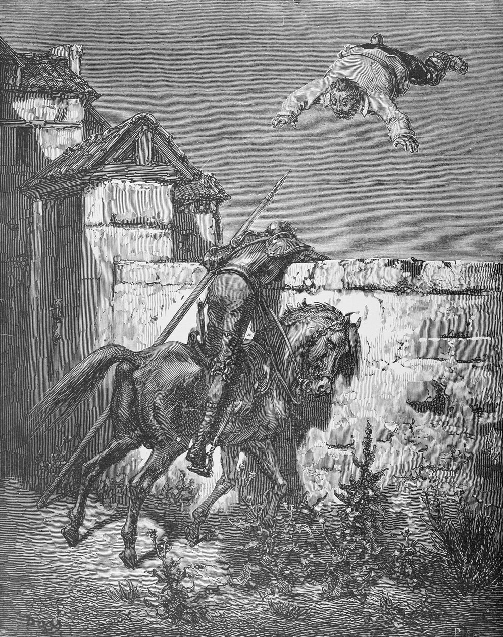 Sancho被由Miguel Cervantes（1547-1616）的&39;Don Quixote de la Mancha&39;扔在毯子里，由Heliodore Joseph Pisan（1822-90）c.1868刻。 作者 古斯塔夫·多尔（Gustave Dore）