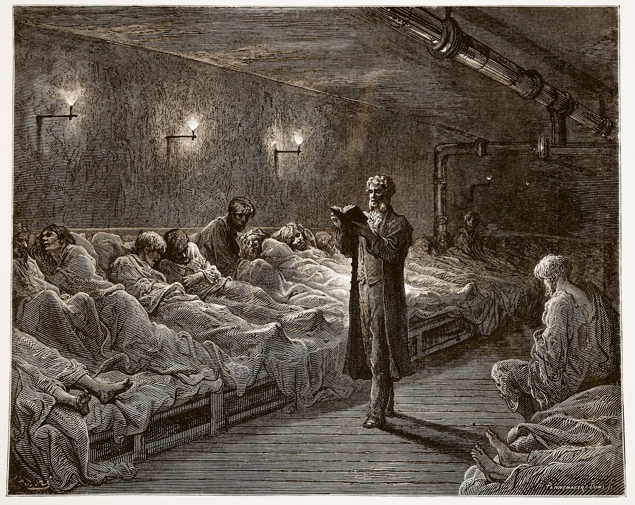 “避难所”中的经文读者，来自“伦敦，一个朝圣”，由William Blanchard Jerrold（1826-84）撰写，并由Pannemaker und A. Doms，pub雕刻。 1872年 作者 古斯塔夫·多尔（Gustave Dore）