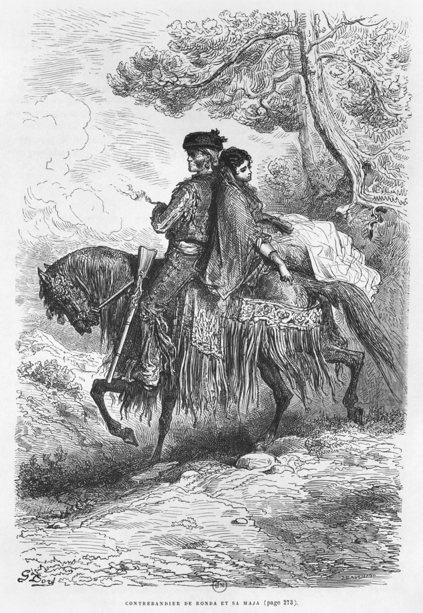Ronda的西班牙Contrabandista和他的Maja，由Felix Jean Gauchard雕刻（1825-72） 作者 古斯塔夫·多尔（Gustave Dore）