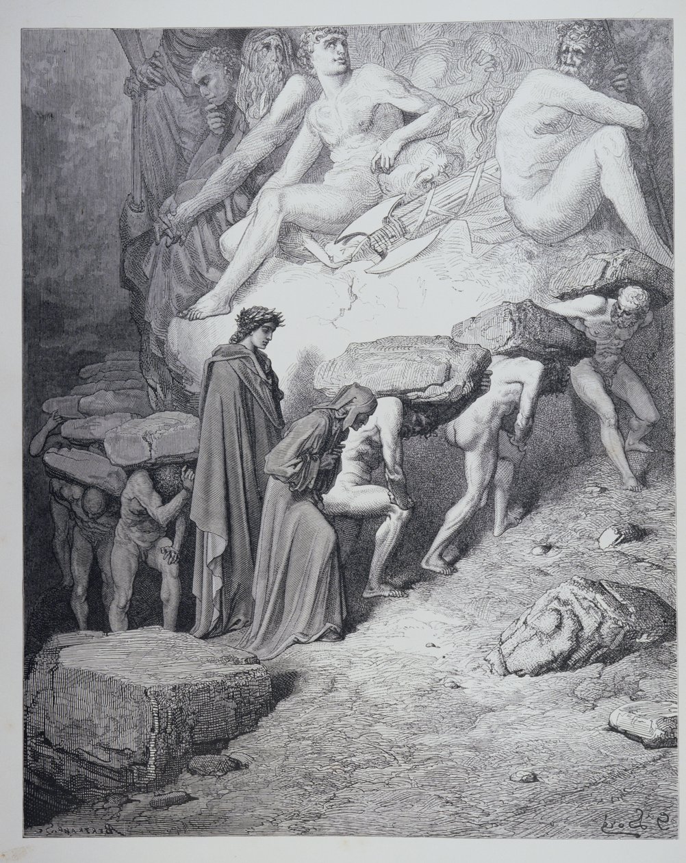 骄傲的负担，来自Dante Alighieri（1265-1321）的“神曲”（Purgatorio），由Antoine Valerie Bertrand（b.1823）创作，c.1868 作者 古斯塔夫·多尔（Gustave Dore）