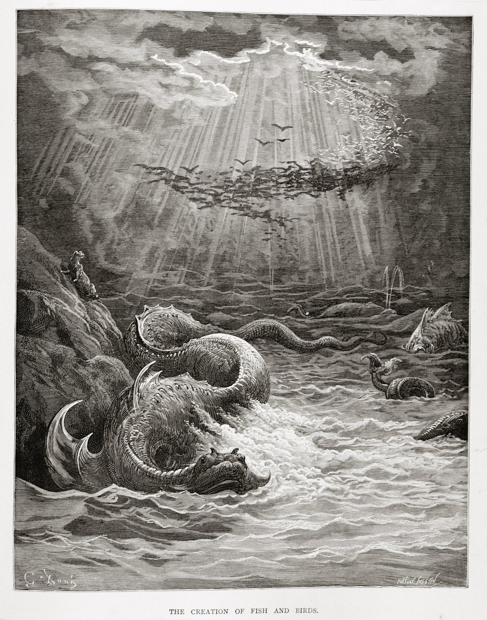 由约翰米尔顿（1608-74）创作的鱼和鸟，由Collon Smeeton雕刻，c.1868 作者 古斯塔夫·多尔（Gustave Dore）