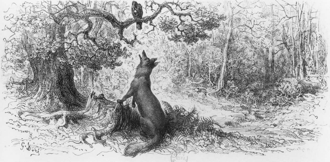 来自Jean de La Fontaine的“寓言”中的乌鸦和狐狸（1621-95） 作者 古斯塔夫·多尔（Gustave Dore）