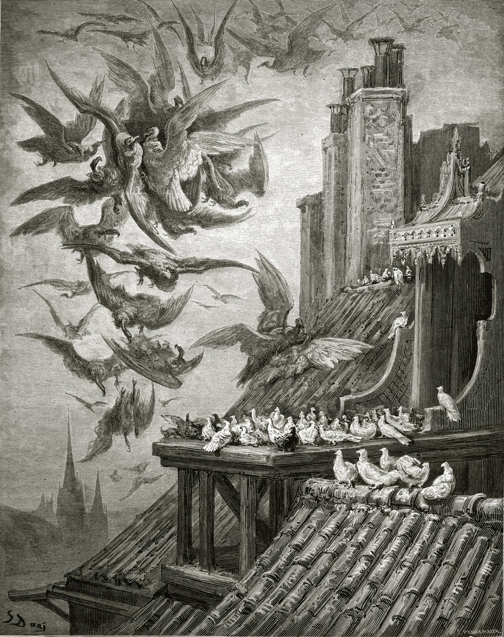 老鹰和鸽子，1868年来自La Fontaine的“寓言”中的插图 作者 古斯塔夫·多尔（Gustave Dore）
