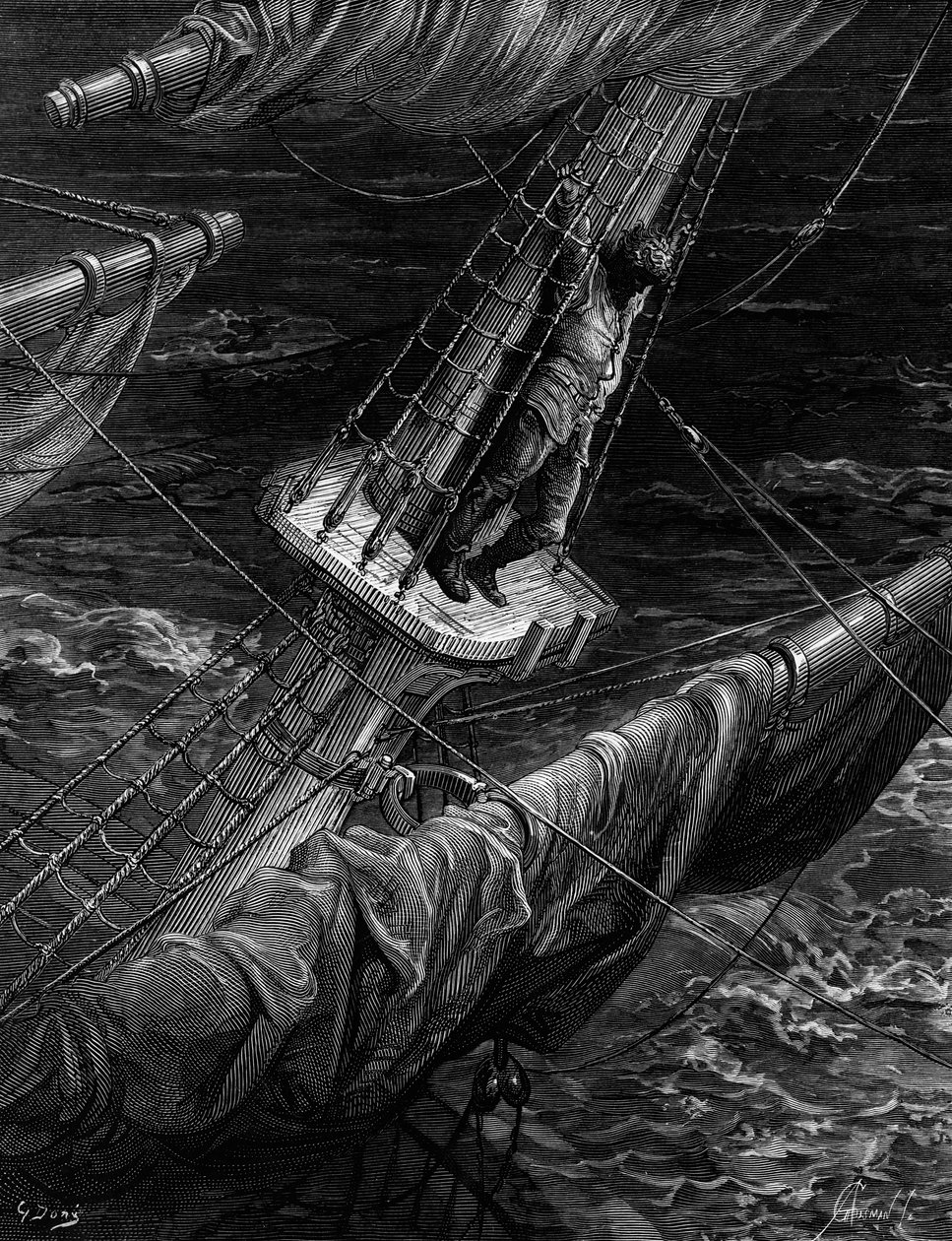 Mariner感到遗憾的是他在1876年由纽约Harper und Brothers出版的ST Coleridge的“古代水手的Rime of the Old Mariner”拍摄的信天翁（木雕版） 作者 古斯塔夫·多尔（Gustave Dore）