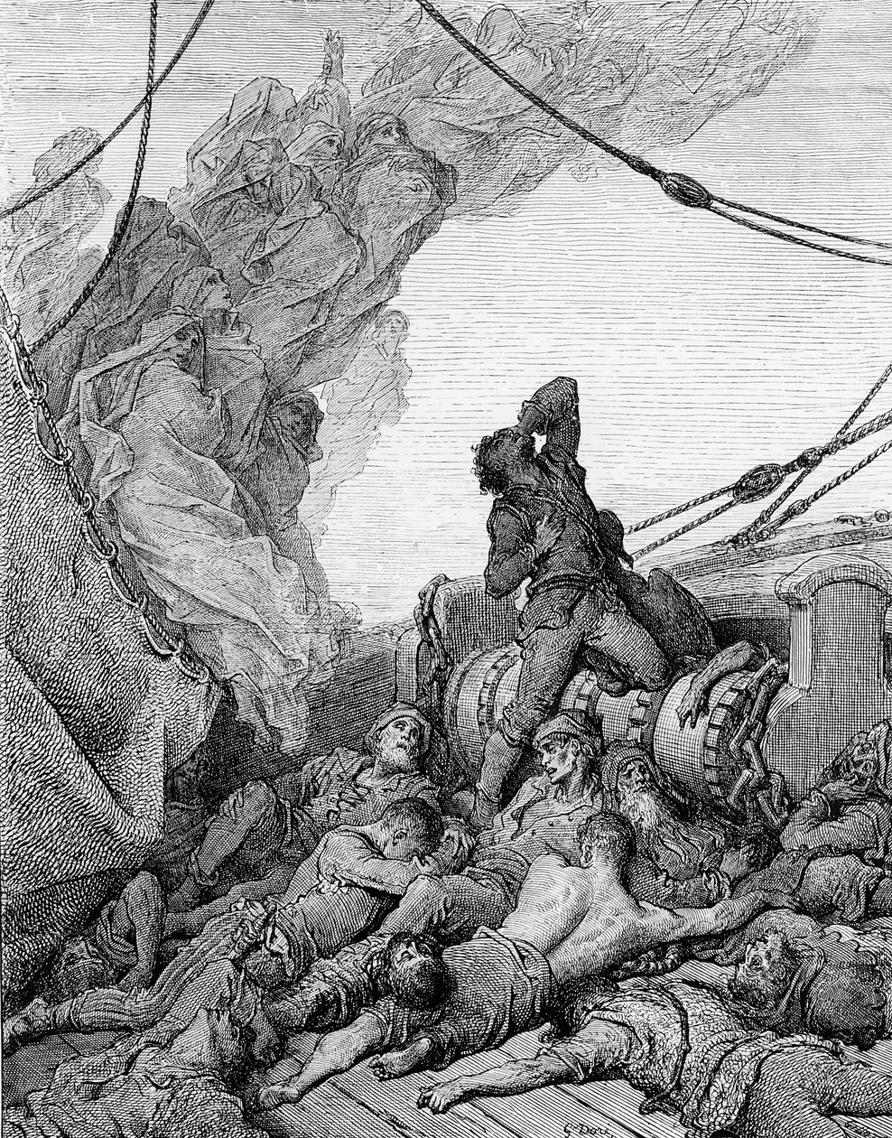被死去的水手包围的水手遭受精神的痛苦，来自ST Coleridge的“The Rime of the Ancient Mariner”，由纽约Harper und Brothers出版，1876年（木版画） 作者 古斯塔夫·多尔（Gustave Dore）
