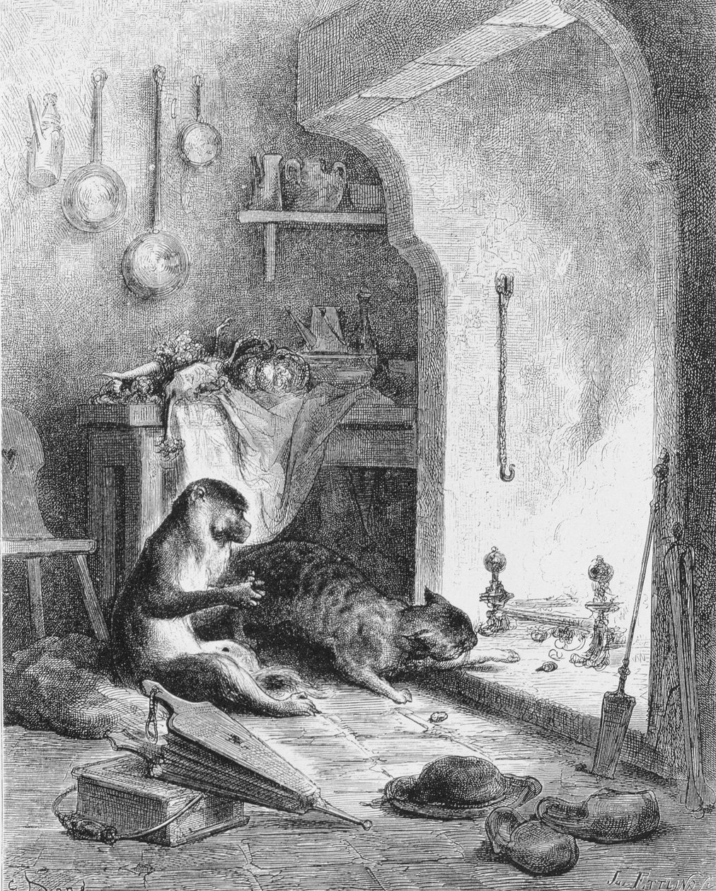 猴子和猫，1868年 作者 古斯塔夫·多尔（Gustave Dore）
