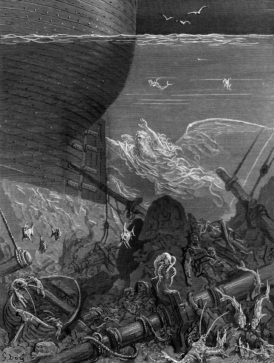 圣安德里奇的“古代水手的风筝”中出现的圣灵跟随着这艘船，1876年由纽约Harper und Brothers出版（木版画） 作者 古斯塔夫·多尔（Gustave Dore）