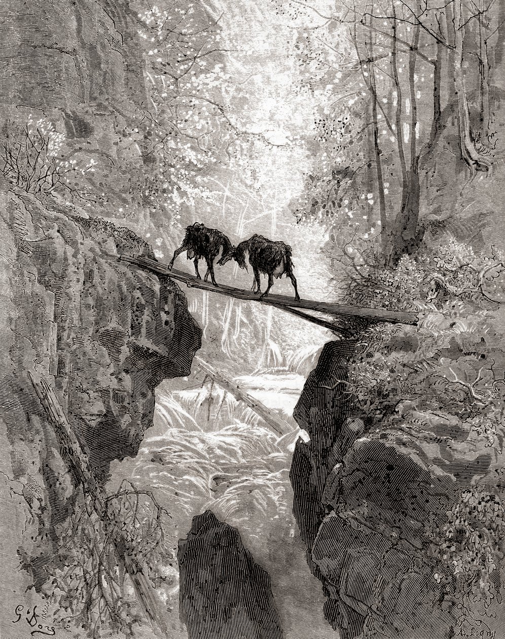 两只山羊，来自19世纪晚期的Fables de La Fontaine（木版画） 作者 古斯塔夫·多尔（Gustave Dore）