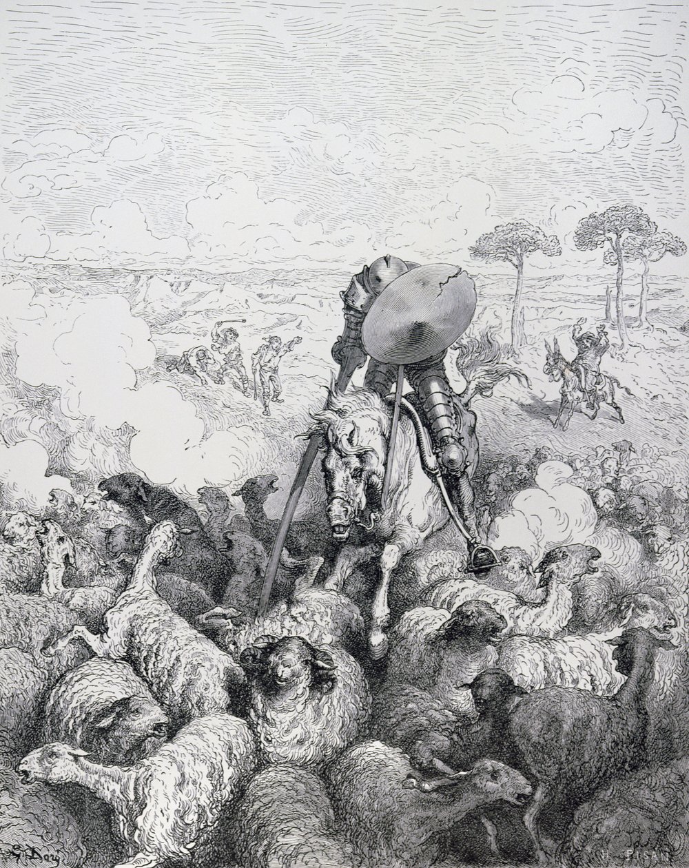 来自Miguel Cervantes（1547-1616）的&39;Don Quixote de la Mancha&39;的勇敢冲锋，由Heliodore Joseph Pisan（1822-90）雕刻，c.1868 作者 古斯塔夫·多尔（Gustave Dore）