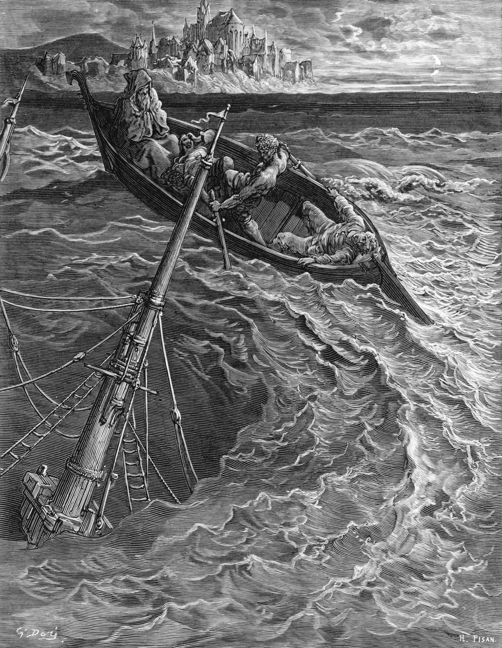 这艘船下沉，但是Mariner被Pilot and Hermit救出，来自ST Coleridge的“The Rime of the Ancient Mariner”，由Harper und Brothers，纽约出版，1876年（木版画） 作者 古斯塔夫·多尔（Gustave Dore）