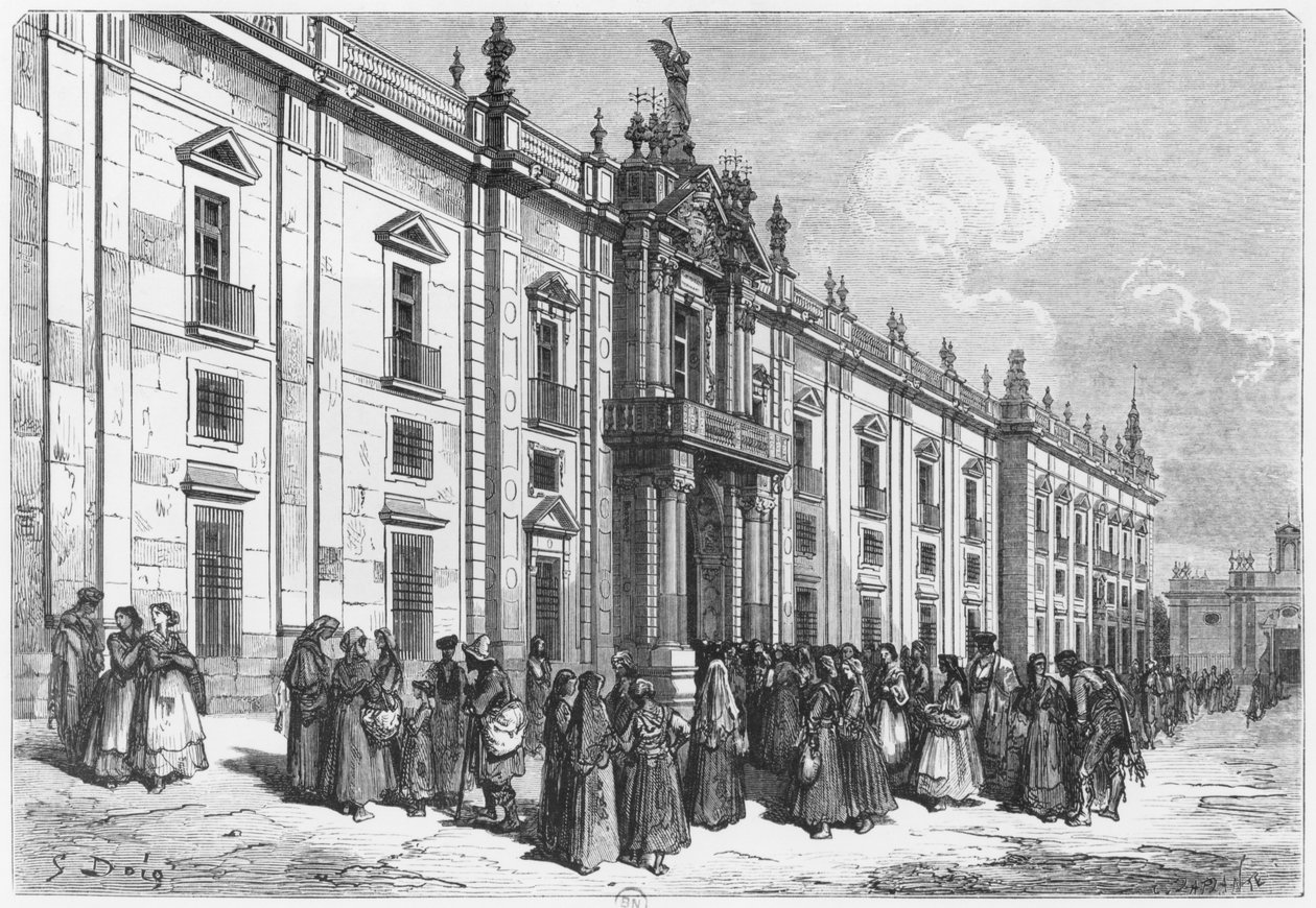 塞维利亚的烟草工厂，由Charles Laplante雕刻（d.1903） 作者 古斯塔夫·多尔（Gustave Dore）