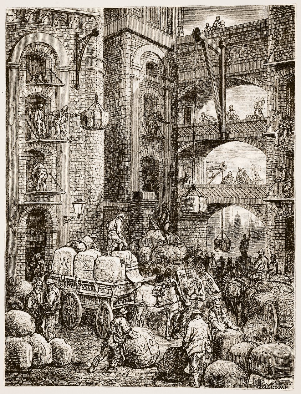工人们在一个仓库里开展业务，来自“伦敦，一个朝圣”，由William Blanchard Jerrold（1826-94）撰写，并由Pannemaker，pub雕刻。 1872年 作者 古斯塔夫·多尔（Gustave Dore）