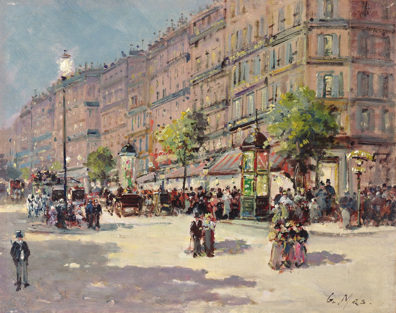 面板上的巴黎街景油 作者 古斯塔夫·马斯卡特（Gustave Mascart）