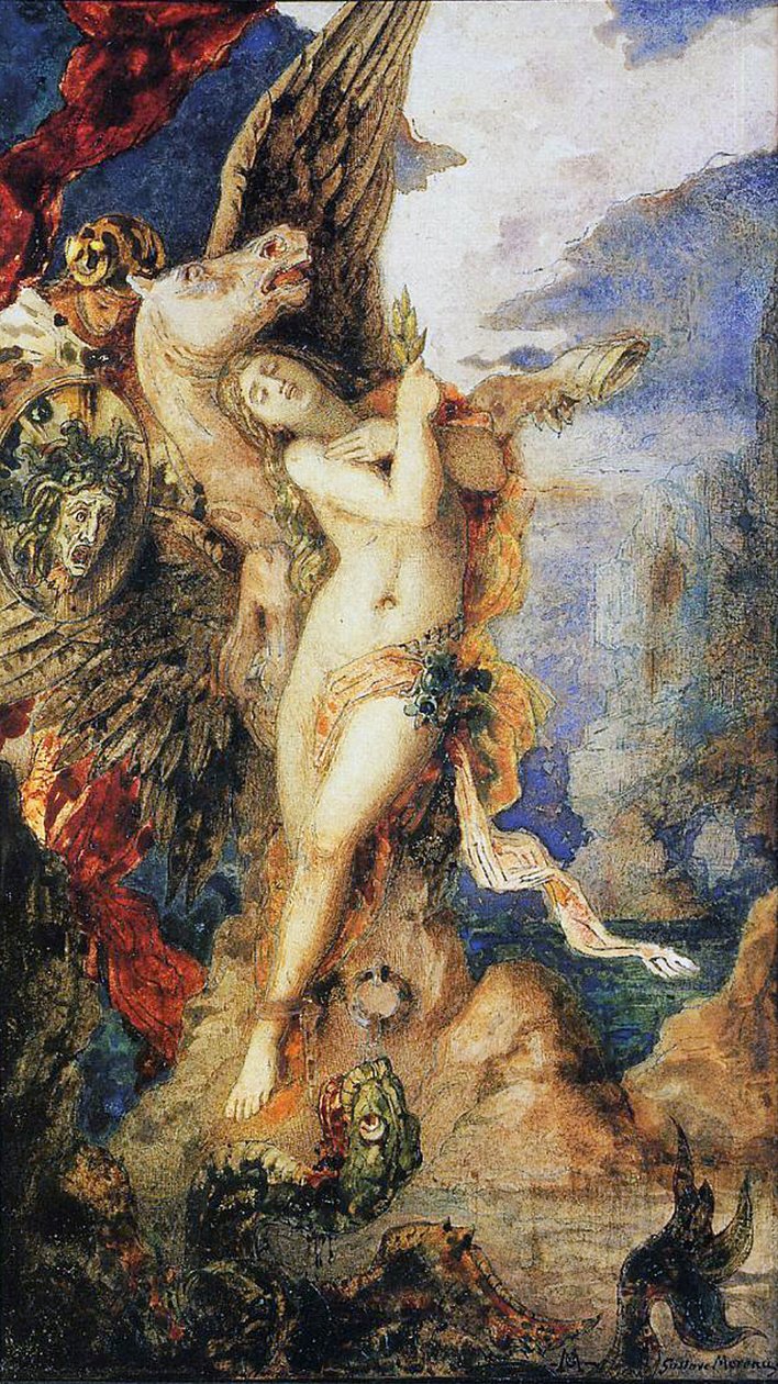 英仙座和仙女座，c.1867-69（wc und pen on paper） 作者 古斯塔夫·莫罗（Gustave Moreau）