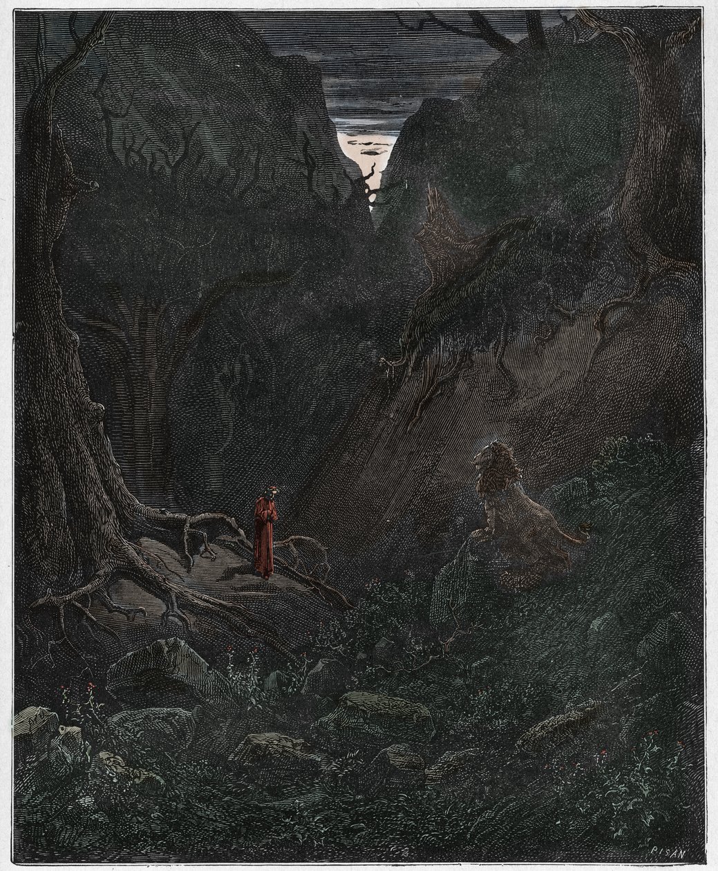 Inferno，Canto 1：狮子突然面对Dante，来自The Danine Comedy by Dante Alighieri的插图，1885年（数字彩色雕刻） 作者 古斯塔夫之后多尔